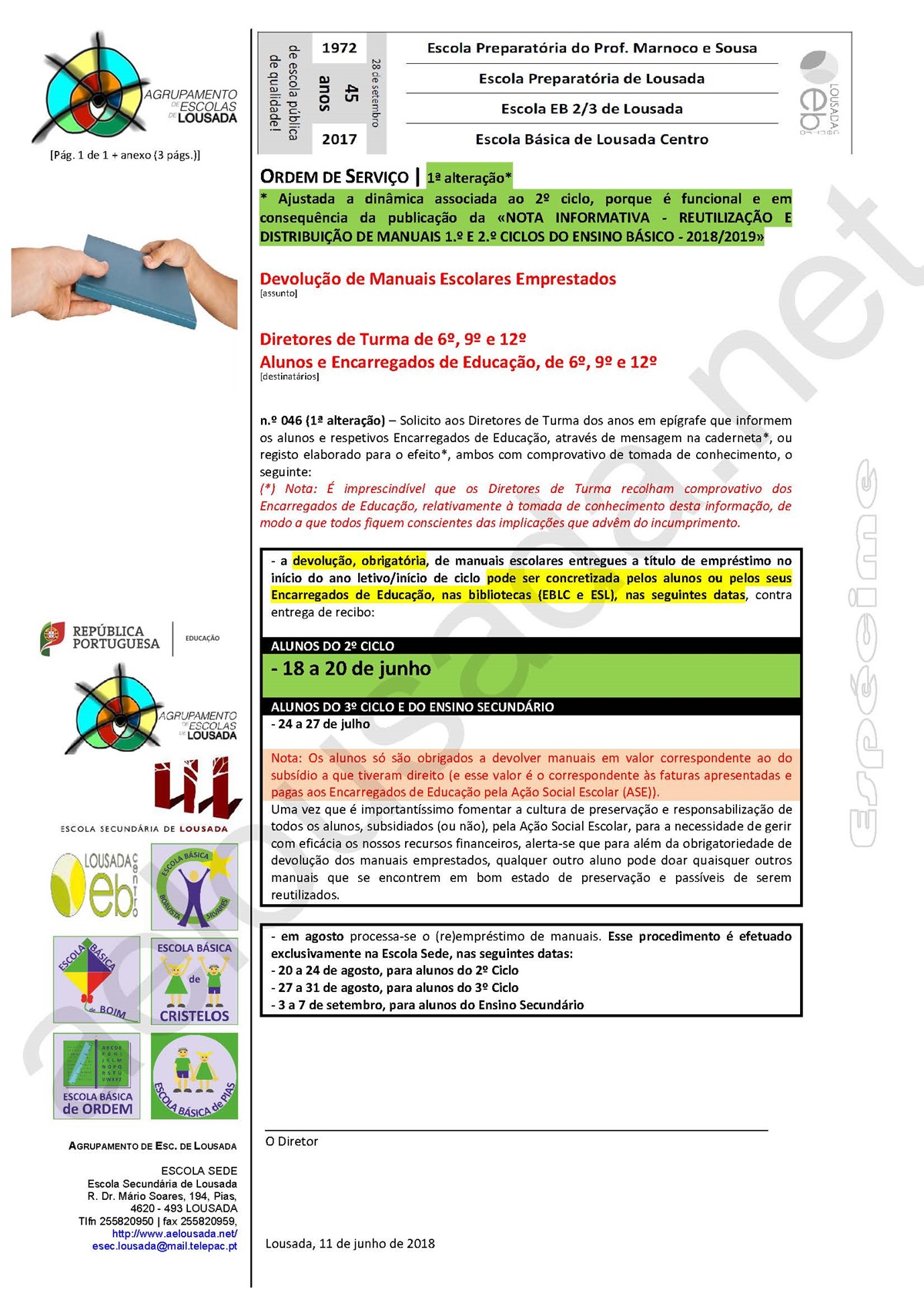 18 06 11 Doc 055 ordem servico 046 1 alteracao devolucao manuais escolares ase Page 1