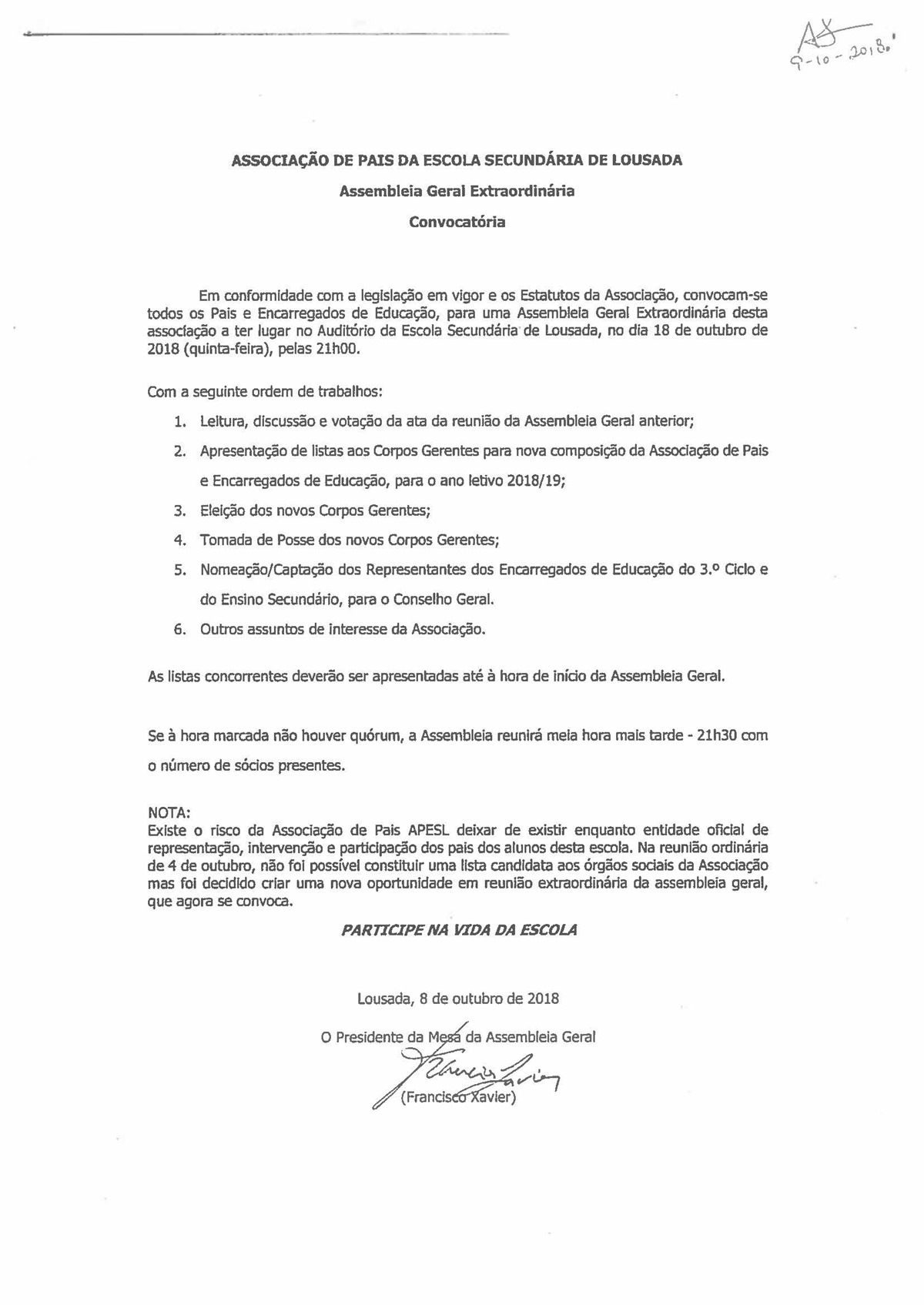 18 10 09 imagem convocatoria reuniao assembleia geral pais