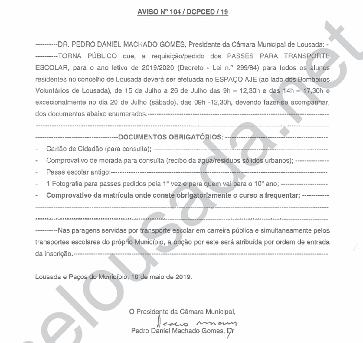 19 05 24 avisocml passes escolares 2019 2020