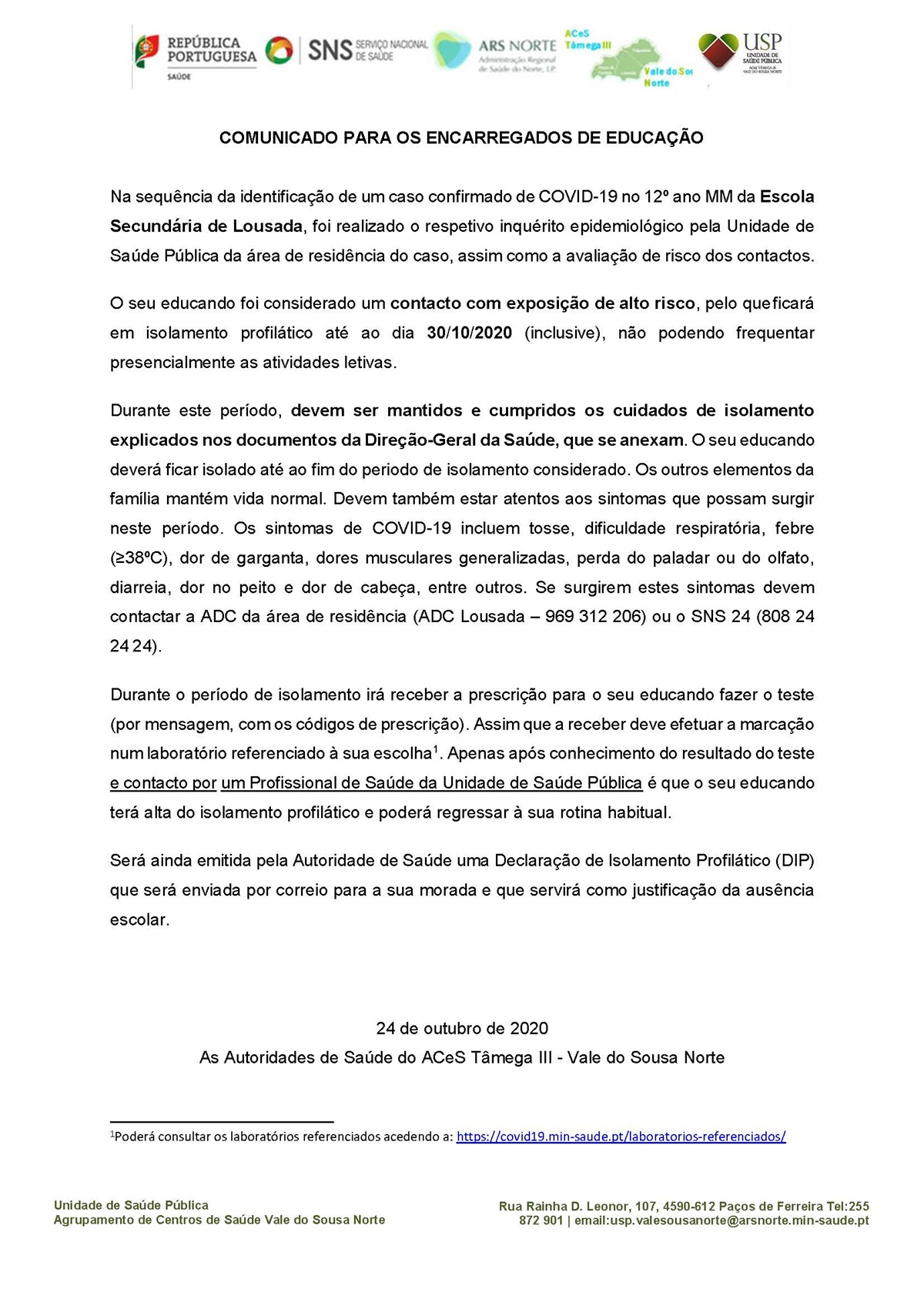 20 10 25 Comunicado para EE ESLousada 43882